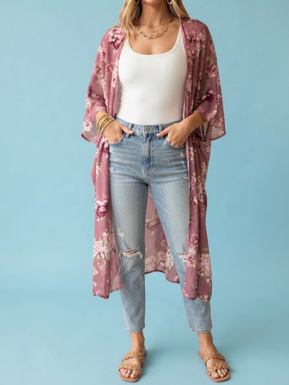Pink Floral Open-Front Kimono Cardigan